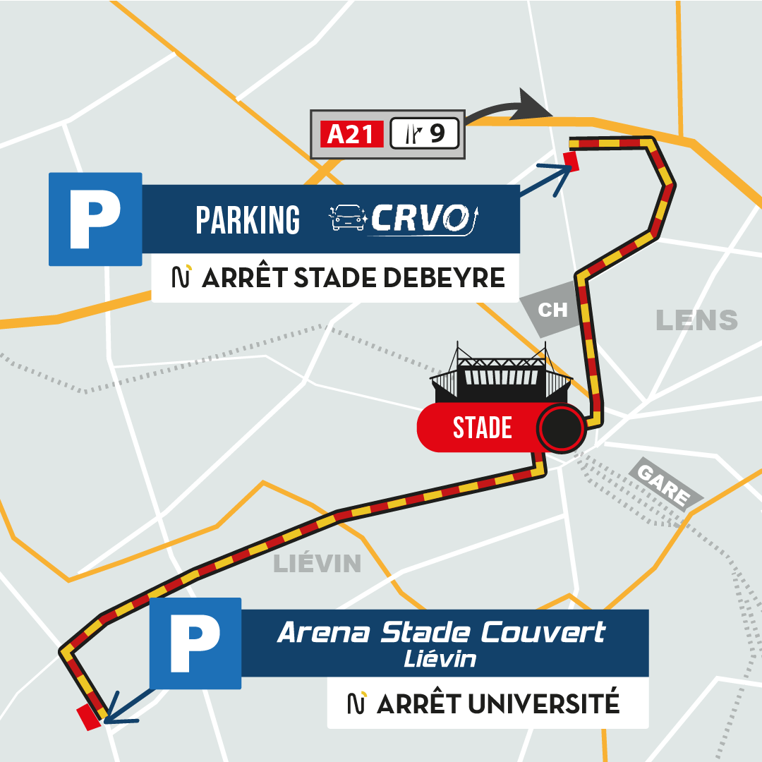 Emplacement du parking CRVO à Lens arrêt stade Debeyre et du parking Arena stade couvert à Liévin arrêt université.